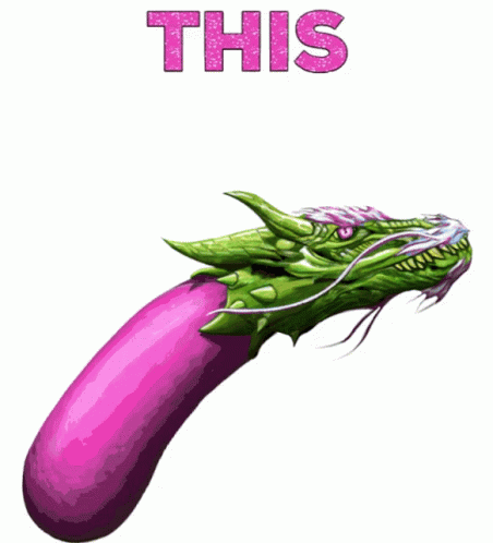 A Purple Eggplant With A Green Dragon 'S Head And The Words " This " Above It GIF