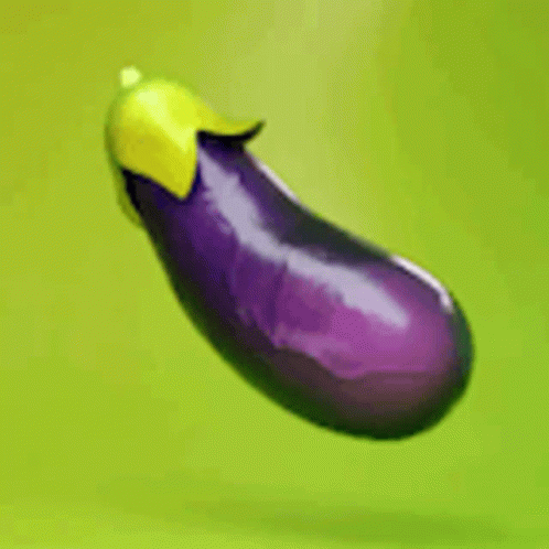 A Purple Eggplant With A Yellow Stem Is Floating In The Air On A Green Background GIF