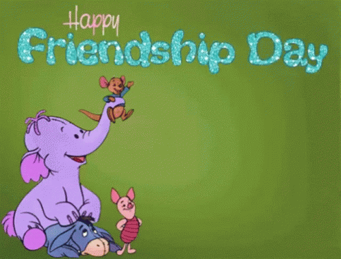 A Purple Elephant Is Holding A Kangaroo And The Words Happy Friendship Day Are On The Green Background GIF
