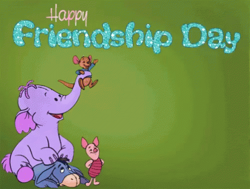 A Purple Elephant Is Holding A Kangaroo And The Words Happy Friendship Day Are On The Green Background GIF