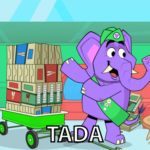 A Purple Elephant Is Pulling A Green Wagon With The Word Tad Written On It GIF