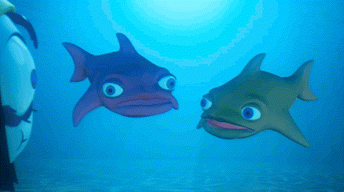A Purple Fish And A Green Fish Are Swimming Together In The Ocean GIF