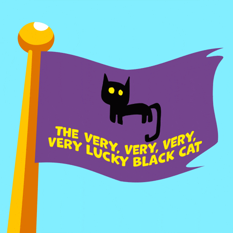 A Purple Flag With A Black Cat And The Words " The Very Lucky Black Cat " On It GIF