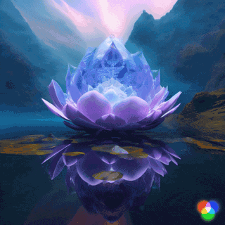 A Purple Flower Is Reflected In The Water With A Light Coming Out Of It GIF