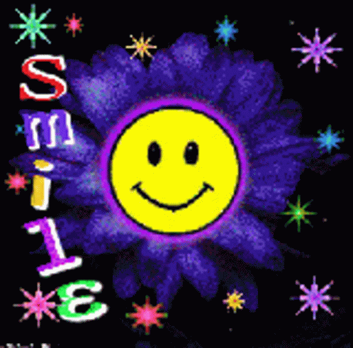 a purple flower with a smiley face and the words smile