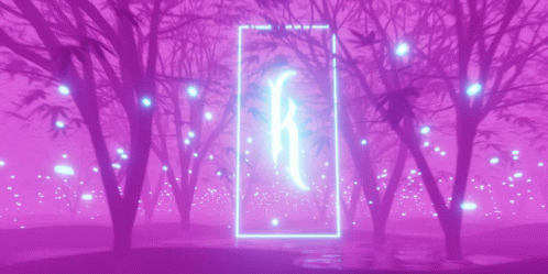 A Purple Forest With Trees And A Neon Sign GIF