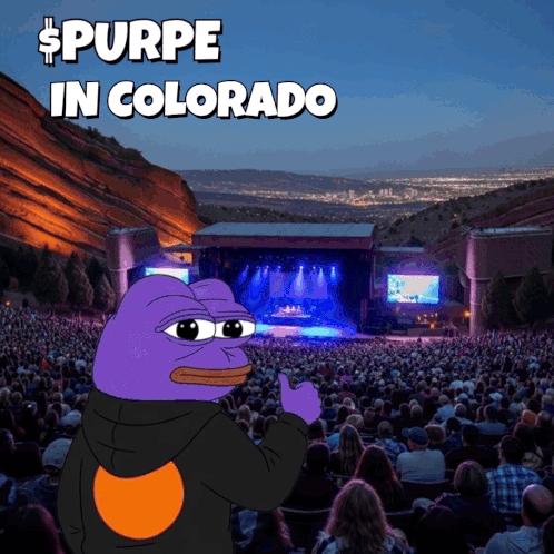 A Purple Frog Giving A Thumbs Up In Front Of A Crowd With The Words Purpe In Colorado GIF