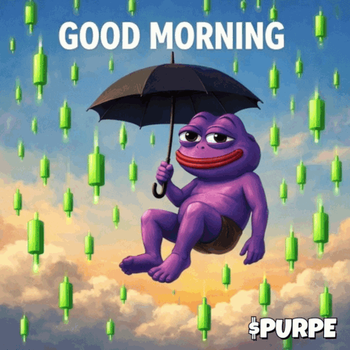 A Purple Frog Holding An Umbrella With The Words " Good Morning " Below It GIF