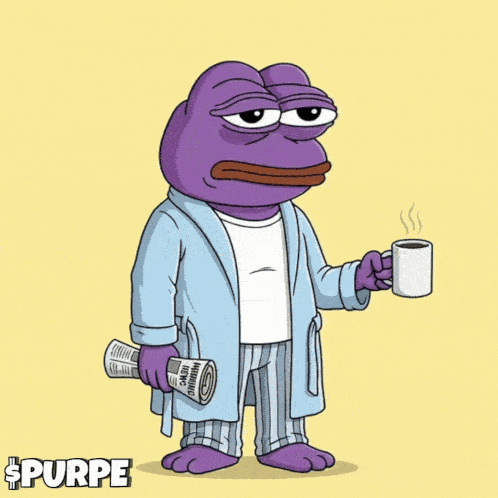 A Purple Frog In A Robe Holding A Cup Of Coffee GIF