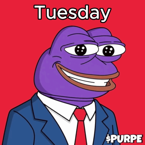 A Purple Frog In A Suit And Tie With The Words Tuesday In The Groove GIF