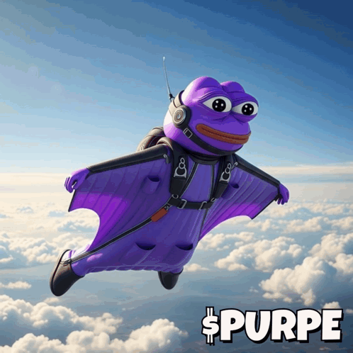 a purple frog is flying through the air with the word purpe written below it