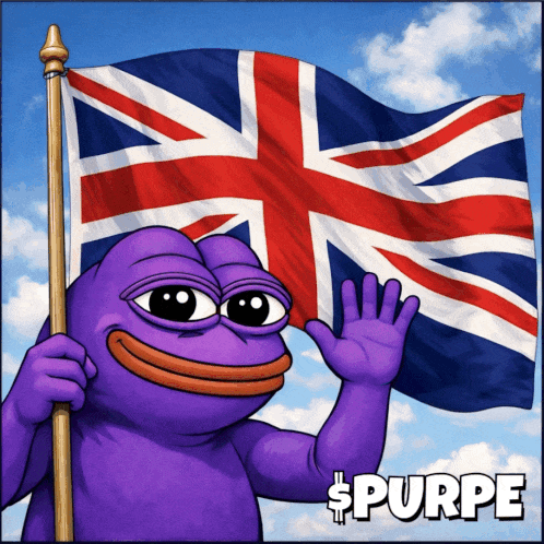 A Purple Frog Is Holding A British Flag With The Word Purpe Below It GIF