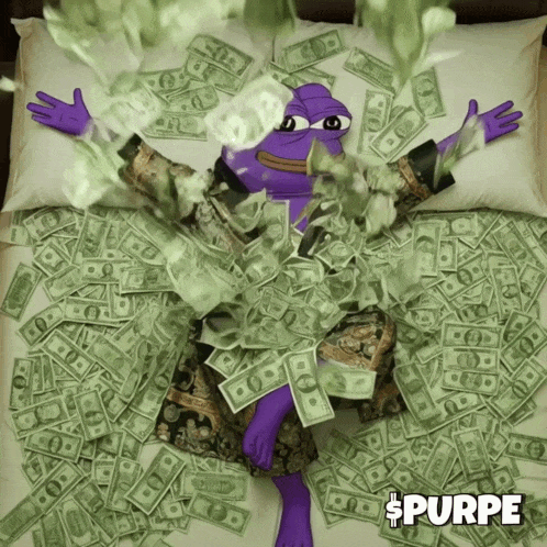 A Purple Frog Is Laying On A Bed Surrounded By Money And The Word Purpe Is On The Bottom GIF