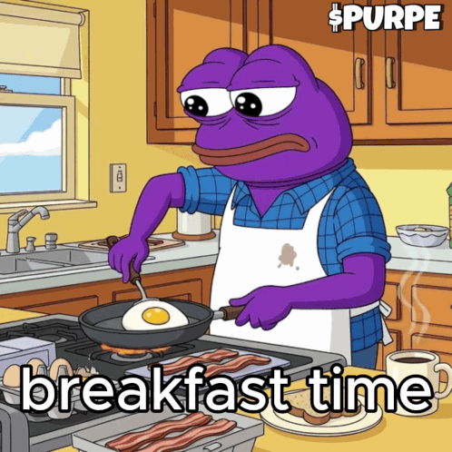 A Purple Frog Is Preparing Breakfast In A Kitchen With The Words Breakfast Time Below Him GIF