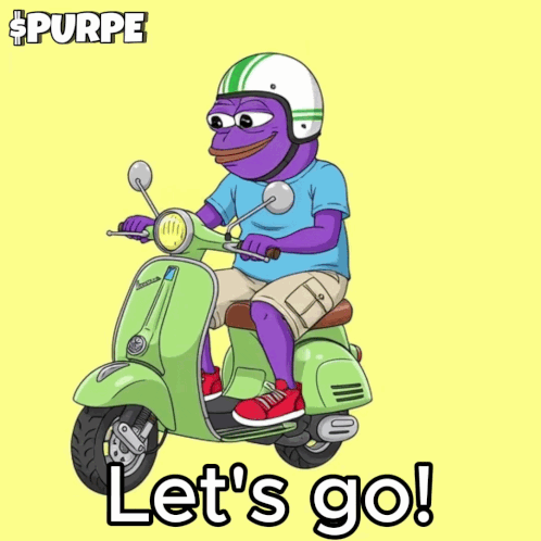 a purple frog is riding a green scooter with the words let 's go below it