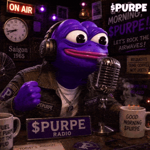 A Purple Frog Is Singing Into A Microphone With A Sign That Says On Air In The Background GIF