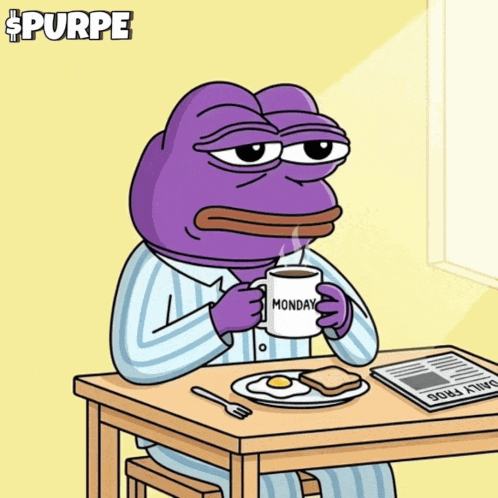 A Purple Frog Is Sitting At A Table Holding A Monday Coffee Cup GIF