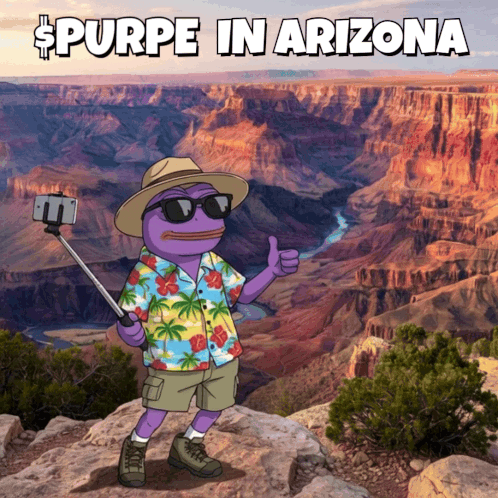 A Purple Frog Is Taking A Selfie In Front Of A Grand Canyon And The Words Purpe In Arizona GIF