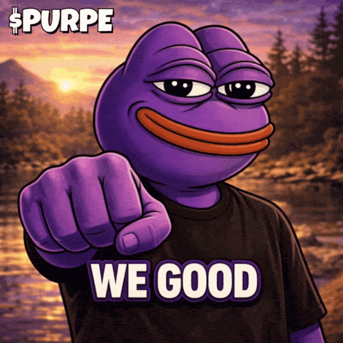 A Purple Frog Pointing At The Camera With The Words " We Good " On The Bottom GIF