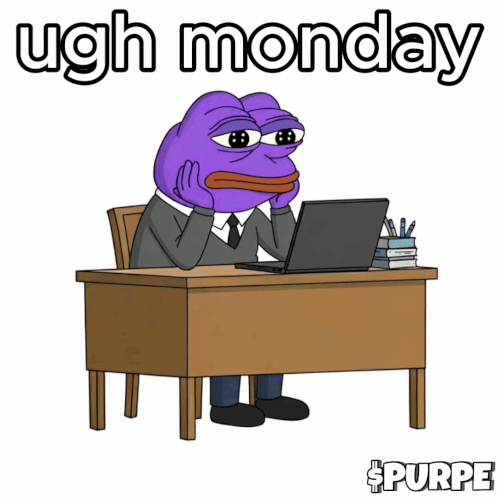 A Purple Frog Sits At A Desk With A Laptop And The Words Ugh Monday GIF