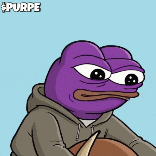 a purple frog wearing a grey hoodie with the word purpe on the top