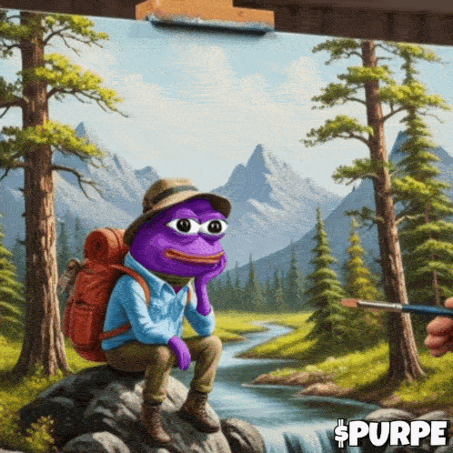 A Purple Frog With A Backpack Sits On A Rock Near A River In A Painting By Purpe GIF