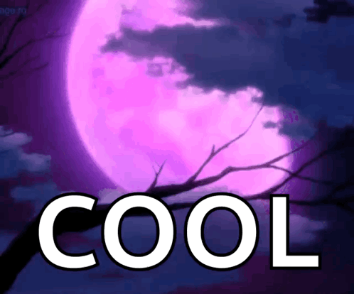 A Purple Full Moon Is Behind A Tree Branch With The Word Cool Below It GIF