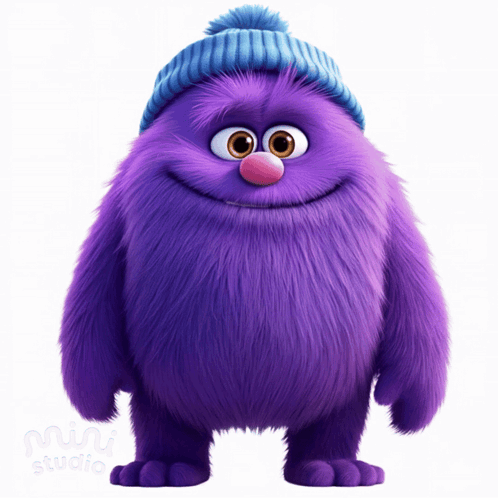 A Purple Furry Monster Wearing A Blue Hat Is Standing In Front Of The Mini Studio Logo GIF