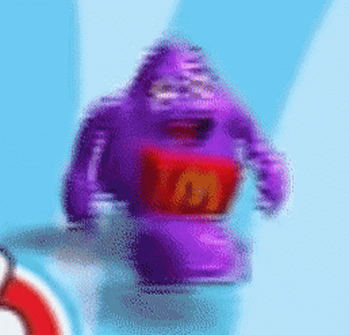 A Purple Gorilla With A Red Mcdonald 'S Box On His Chest GIF