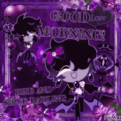A Purple Greeting Card That Says Good Love Morning Raise And Shine Darling GIF