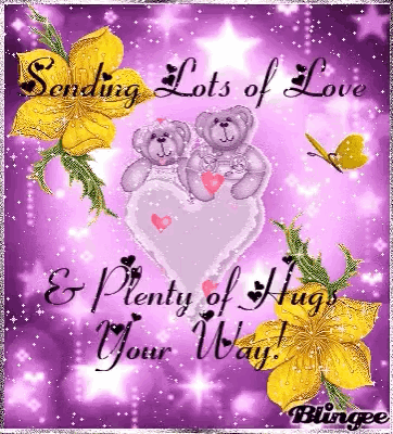 A Purple Greeting Card With Two Teddy Bears Holding A Heart And The Words " Sending Lots Of Love " GIF