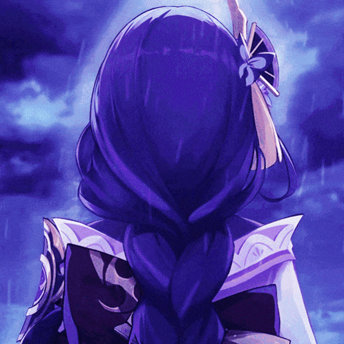 a purple haired anime character with a fan in her hair