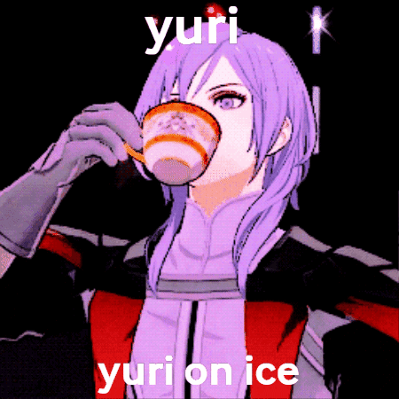 A Purple Haired Anime Girl Drinking From A Cup With The Words Yuri Yuri On Ice Written Below Her GIF