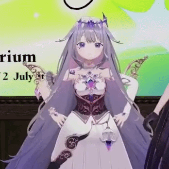 a purple haired anime girl in a white dress is standing in front of a sign that says 2 july .