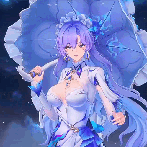 A Purple Haired Anime Girl Is Holding A White Umbrella GIF