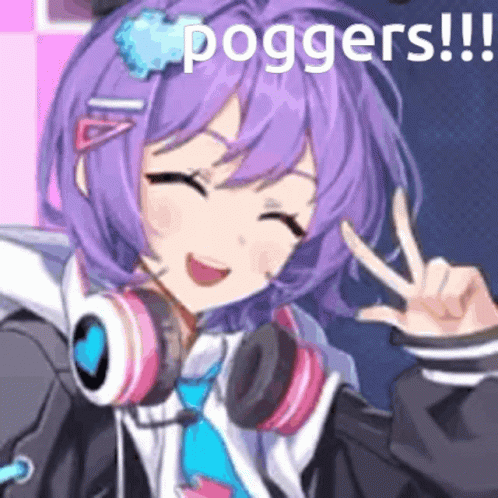 A Purple Haired Anime Girl Wearing Headphones Is Giving A Peace Sign . GIF