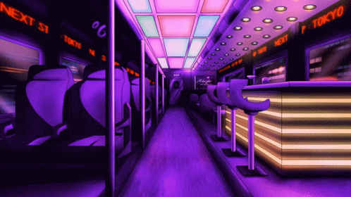 A Purple Hallway With A Sign That Says Tokyo On It GIF