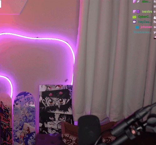 A Purple Heart Shaped Light Is Lit Up In A Room With Skateboards On The Floor GIF