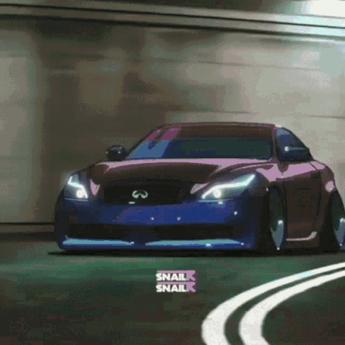A Purple Infiniti Sports Car Is Driving Down A Street GIF