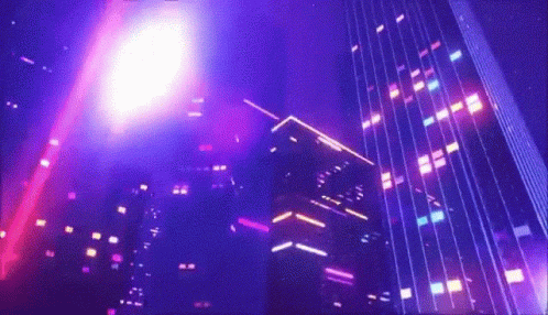 A Purple Light Is Shining On A Building In A Dark Room GIF