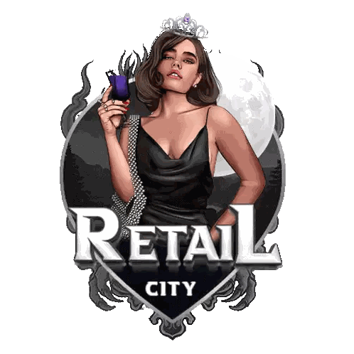 a purple logo for retail city with a purple circle in the center