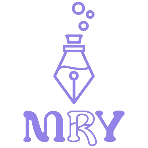 a purple logo that says mry with a pen