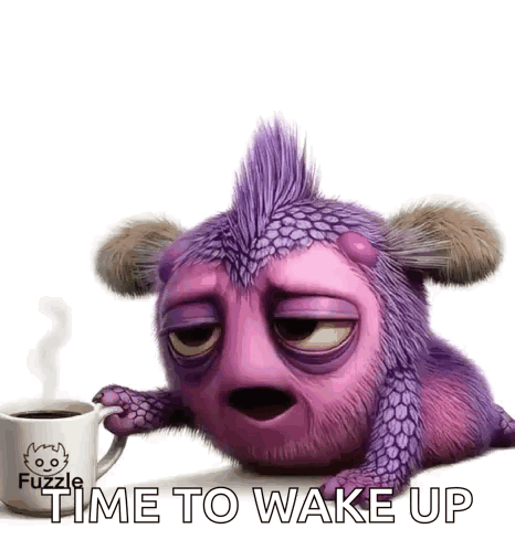 A Purple Monster Is Laying Down With A Cup Of Coffee . GIF