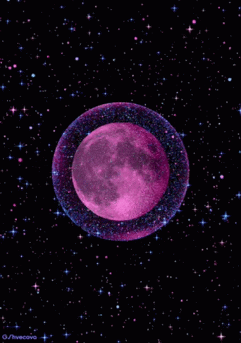 a purple moon is surrounded by a purple ring in the space