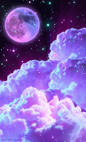 a purple moon shines over a cloudy sky