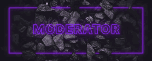 A Purple Neon Sign That Says `` Moderator '' On A Black Background With Rocks . GIF