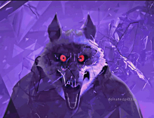 A Purple Painting Of A Wolf With Red Eyes And The Words Donatedpizza Below It GIF