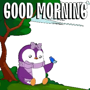 a purple penguin with a scarf around its neck is holding a blue butterfly in front of the words good morning