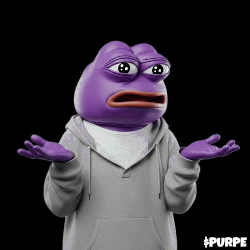 A Purple Pepe Frog With A Grey Hoodie Is Standing In Front Of A Question Mark Pattern GIF