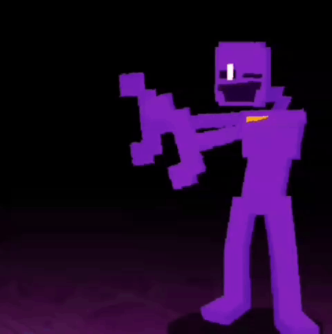 a purple pixel art character is holding a gun in the dark .